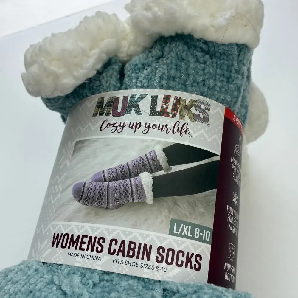 Muk Luks 2 Pair Women's Cabin Socks Blue Gray Fair Isle L/XL (8-10) NWT